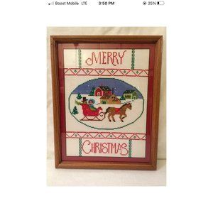 Merry Christmas Framed Wall Art Cross Stitch Sled Sleigh Ride 12wX15h Home Decor